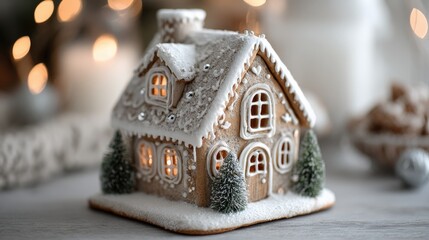 Wall Mural - Small gingerbread house with a glowing window and decorated Christmas tree, set against a dark background, perfect for holiday and winter-themed designs.