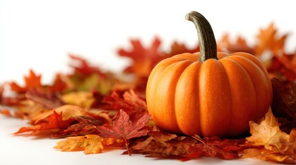 Wall Mural - A small orange pumpkin rests atop a pile of autumn leaves in natural daylight, highlighting seasonal fall colors and textures for seasonal decor or harvest themes.