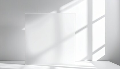 Wall Mural - Frosted acrylic panel with soft window blind shadows cool grey palette right aligned copy space studio clean background