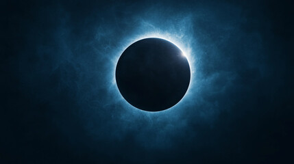 Wall Mural - A dramatic depiction of a solar eclipse, featuring a dark silhouette surrounded by a glowing halo against a deep blue background.