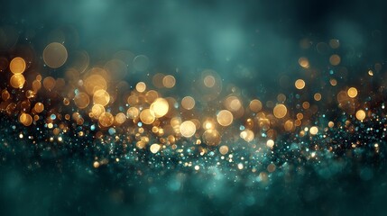 Wall Mural - golden bokeh lights on dark green christmas background with glitter glow festive shimmer fairy light