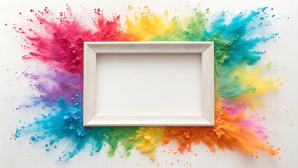 Empty square frame surrounded by vibrant exploding holi powder colors on white background