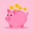 © Rizky - A pink piggy bank accepting golden coins, symbolizing savings and financial security.