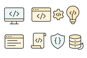Coding and programming icon set for software and web development. Minimalist vector symbols for UI, app design, database, security, API, and computer science concepts.
