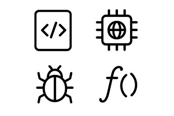 Minimalist icon set for coding and technology. Vector line art symbols for programming concepts like code, API, software bug, and function. Web development and developer signs.