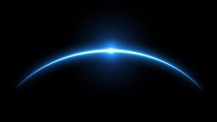 Glowing blue planet sunrise on horizon in deep space, animation with radiant light beams, 