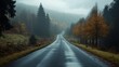 © Ninth - A rain-slicked road winds through a misty autumn forest.  A pathway stretches into a hazy landscape.  Golden trees line the sides of the road.  A tranquil scene