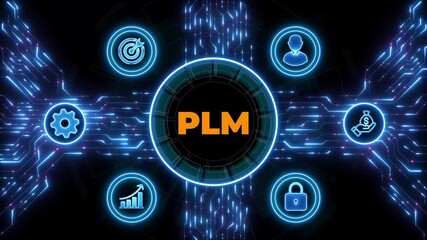 PLM Program lifecycle management application development technology concept.Data moving on Circuit Board background.