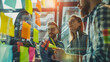 © Dream - a group of young creative people brainstorming with sticky notes on a glass wall in a modern office, bright light, innovative atmosphere, cinematic 16:9