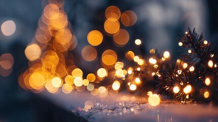 Wall Mural - christmas bokeh lights with warm golden glow festive holiday background of blurred fairy lights and 