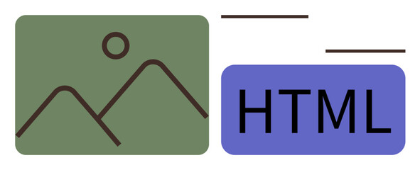 Minimalistic web design concept showing image placeholder alongside HTML text. Ideal for web development, coding, digital learning, tech education, UXUI design, simplicity, flat metaphor