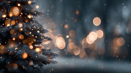 Wall Mural - dreamy christmas holidays banner with glowing bokeh light orbs and fully blurred tree background fes