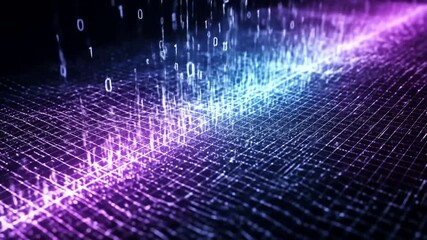 Futuristic digital binary code landscape with neon grid for technology concept