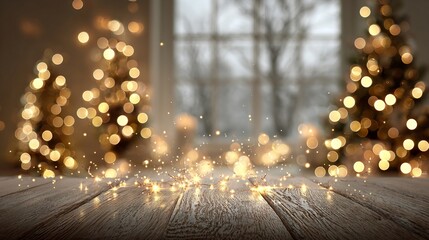 Wall Mural - dreamy christmas bokeh background with glowing light orbs and a fully blurred tree scene behind an e
