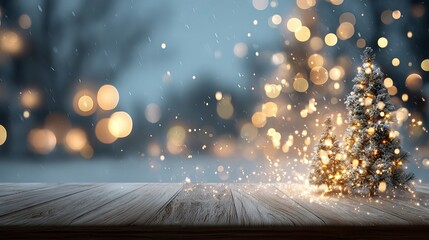 Wall Mural - dreamy christmas bokeh background with glowing light orbs and a fully blurred tree scene behind an e