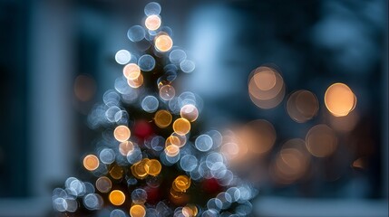 Wall Mural - dreamy christmas background with glowing golden bokeh and defocused fir tree lights soft festive orb