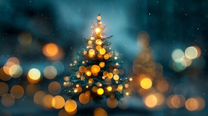 Wall Mural - dreamy christmas tree bokeh background with glowing green yellow and golden light orbs festive defoc