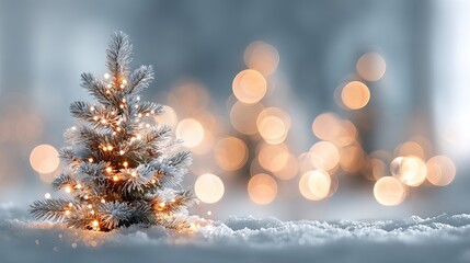 Wall Mural - dreamy christmas bokeh lights on snowy tree background, soft glowing orbs and falling snow, festive 