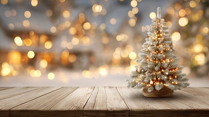 Wall Mural - empty wooden tabletop with dreamy christmas tree bokeh background, soft glowing light orbs, festive 