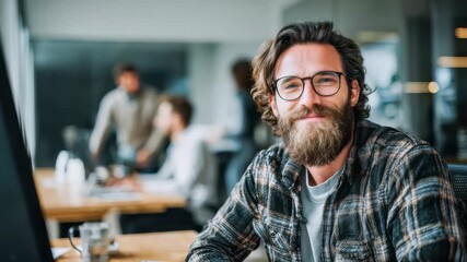 Smiling software developer in a modern office with colleagues collaborating