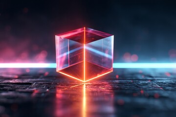 A translucent cube sits on a dark surface.