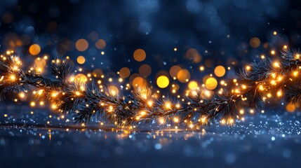 Wall Mural - holiday illumination with christmas garland bokeh lights on a dark blue background festive glow and 