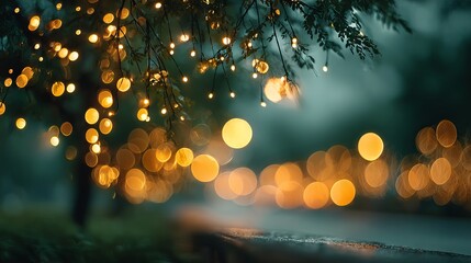 Wall Mural - dreamy outdoor green night bokeh with large soft glowing light orbs on a fully blurred festive backg