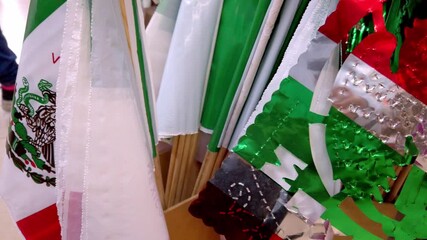 Wall Mural - Close up of Mexican flag decoration with Viva Mexico text, colorful patriotic cotillon for national celebration.