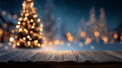 Wall Mural - empty wooden table with dreamy christmas bokeh background featuring large soft glowing light orbs fe