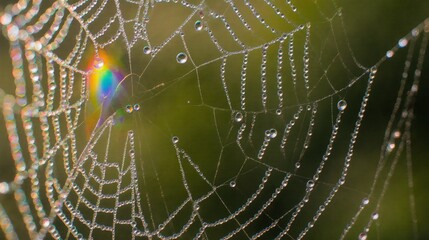 Glistening spiderweb adorned with dew drops and a subtle rainbow refraction.
