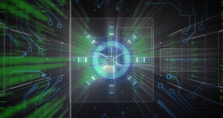 Wall Mural - Displaying central circular HUD in square frame scrolling green code blue circuit lines data panels