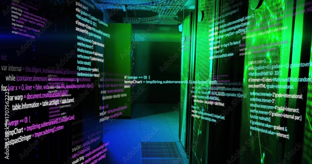 Projecting code across server racks in data center corridor, with cable ...