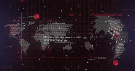 Wall Mural - Displaying dot-matrix world map overlaying code snippets on digital interface, with red markers