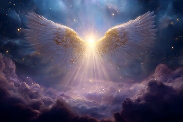 Wall Mural - White angel in the sky with a bright light
