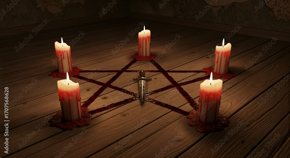 A pentagram ritual altar with lit candles and a dagger on a wooden ...