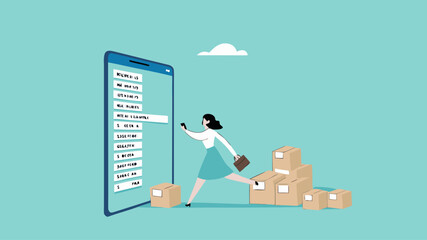 sell products online on e-commerce website or online shop application, get new order, technology for selling on the internet, happy businesswoman gets lots of new orders with packages ready to be sent