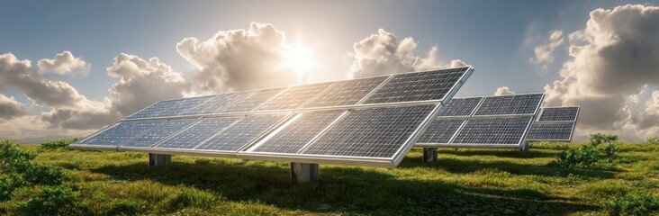 A sunny landscape with solar panels arrayed across a grassy field, under a bright sky with clouds, radiating light and clean energy