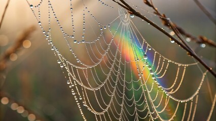 Morning Dew Web: A delicate spider web, glistening with morning dew, captures a beautiful rainbow. Delicate structures and natural wonder. 