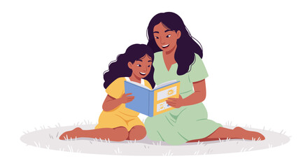 A loving mother and her young daughter sit together on the floor, smiling as they read a book, sharing a special moment.