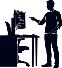 Vector art of silhouette of a programmer pointing at a computer screen with code, transparent background