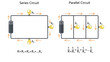 © Oleksandr Pokusai - series and parallel electrical circuits with resistors and bulbs, showing current flow and resistance formulas diagram hand drawn schematic vector. Science educational illustration