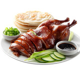 Delicious Peking duck dish presents shiny skin, sliced meat, sauce and wraps on white plate.