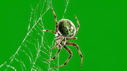 Green screen video element: Realistic spider on its intricate web against a bright chroma key background for easy compositing and VFX