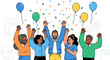 © Tomy - Diverse group of colleagues celebrating with balloons and confetti, arms raised in excitement, in an office setting.