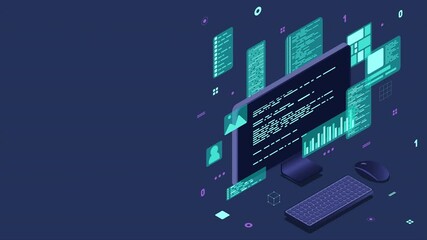 Computer technology animation. Desktop computer platforms. Software programming coding concept. Code with computer monitor. 4K video animated in isometric style