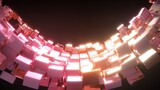Curved arc of glowing pink segmented cubes creating futuristic motion on dark background, abstract sci-fi wave structure with energy effect.