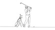 © Aura Visuals - Golfer executing a swing with a golf club, standing next to golf bag, line style, transparent background