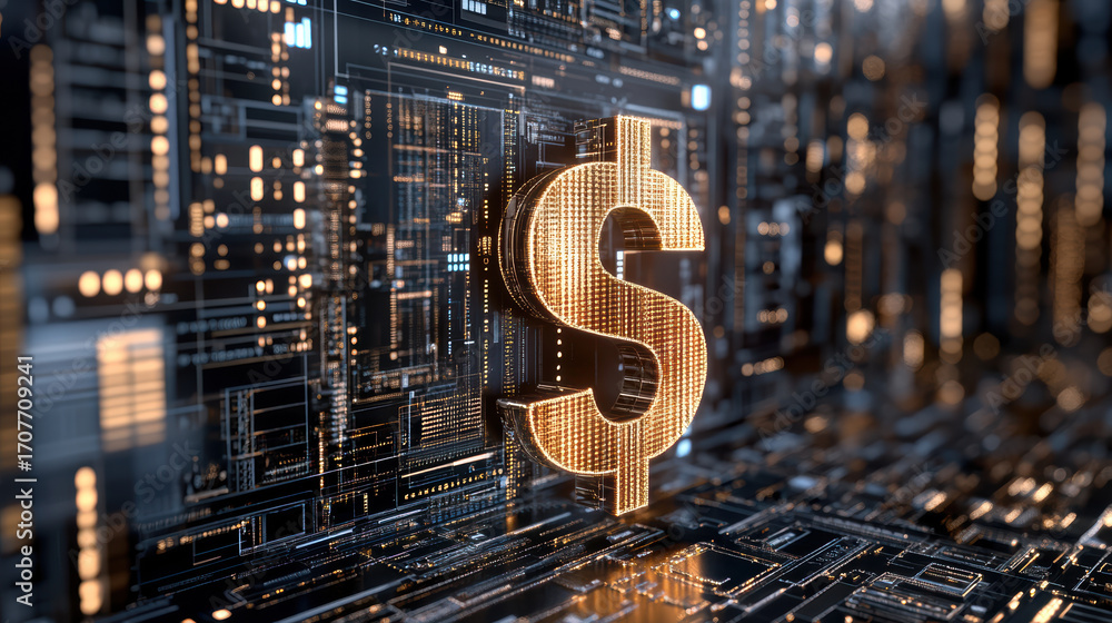 Digital dollar sign glowing on circuit board background, symbolizing ...
