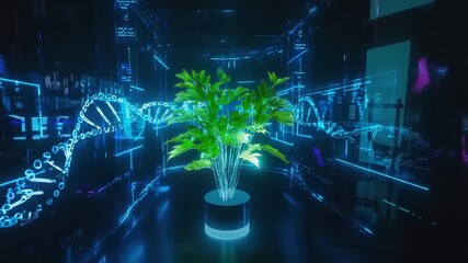 Plant in digital room with DNA strands and data streams background