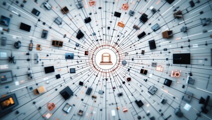 Wall Mural - Abstract Digital Network Visualization with Circular Connections and Central Node Symbolizing Data Flow